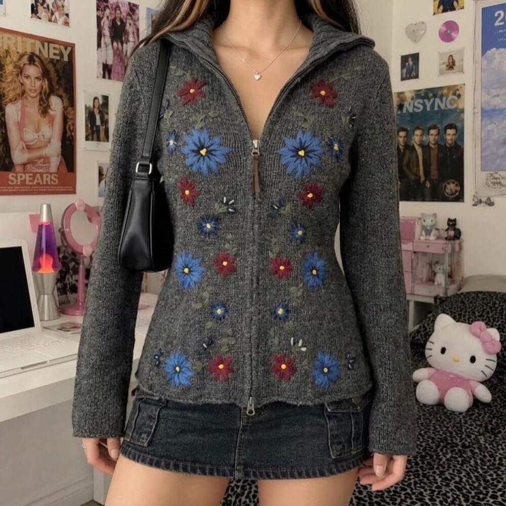 Y2K Grey Route 66 Floral Embroidered Full Zip Wool Knit Sweater Jacket Small